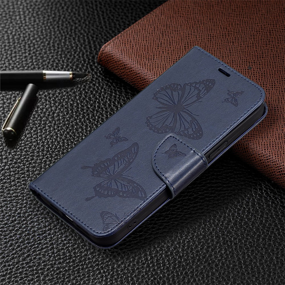 For Samsung Galaxy M14 5G Wallet Stand Phone Leather Case Butterfly Imprinted Phone Cover with Strap - Dark Blue
