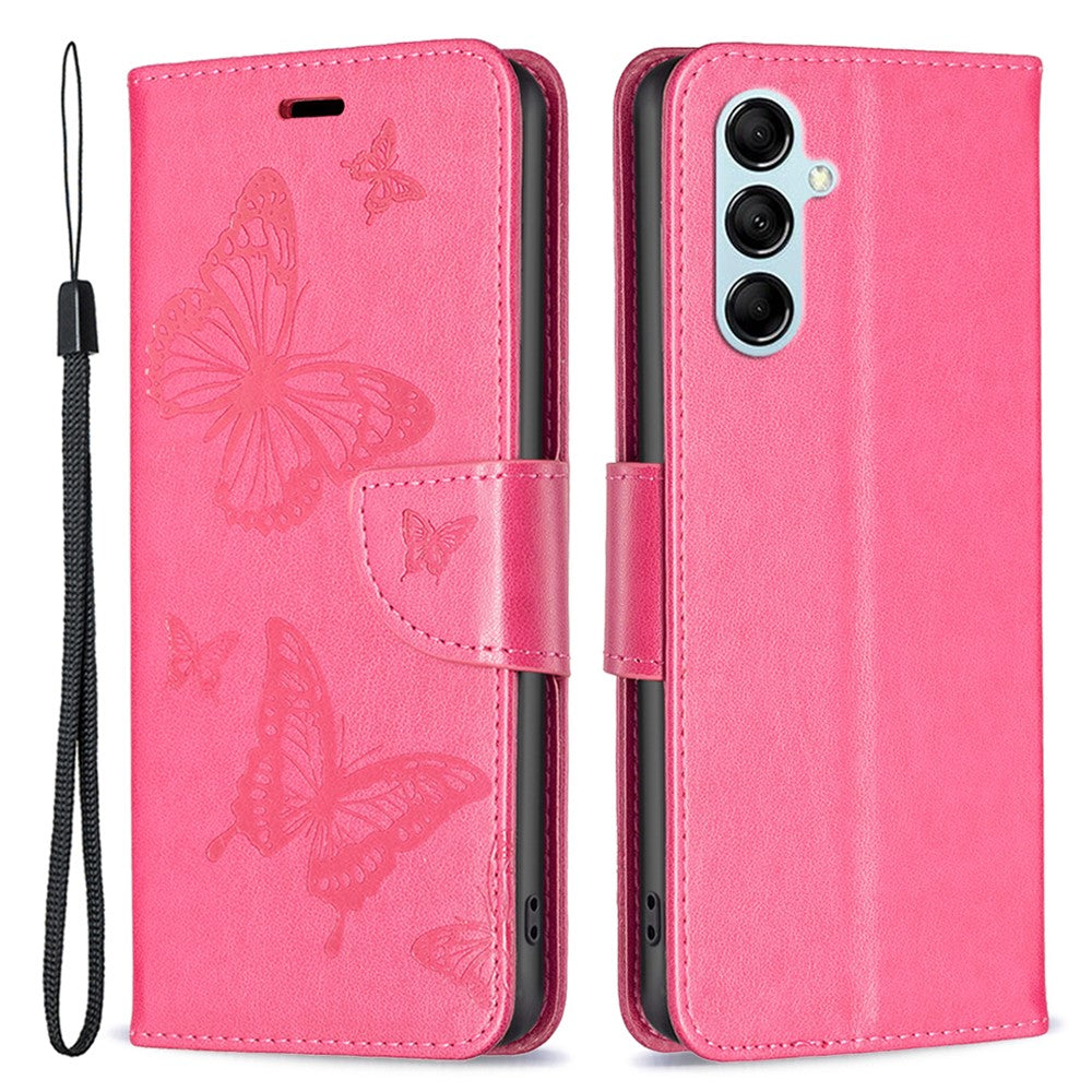 For Samsung Galaxy M14 5G Wallet Stand Phone Leather Case Butterfly Imprinted Phone Cover with Strap - Rose