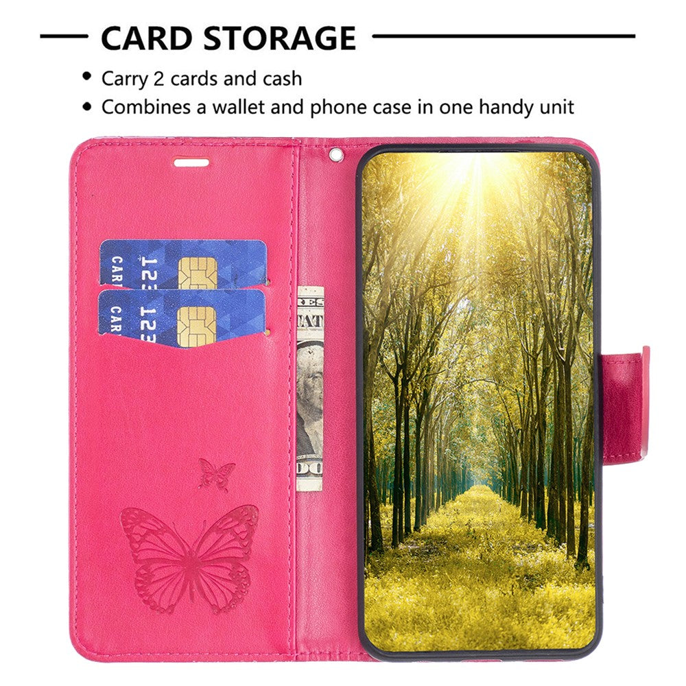 For Samsung Galaxy M14 5G Wallet Stand Phone Leather Case Butterfly Imprinted Phone Cover with Strap - Rose