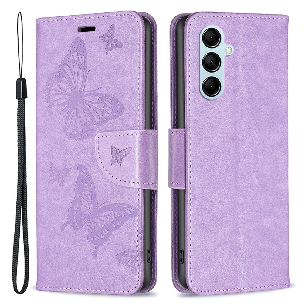 For Samsung Galaxy M14 5G Wallet Stand Phone Leather Case Butterfly Imprinted Phone Cover with Strap - Purple