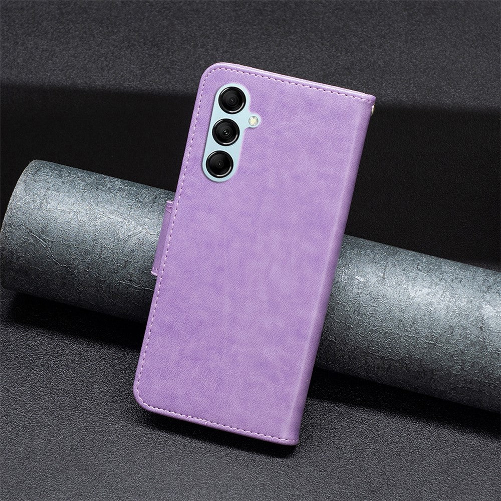 For Samsung Galaxy M14 5G Wallet Stand Phone Leather Case Butterfly Imprinted Phone Cover with Strap - Purple
