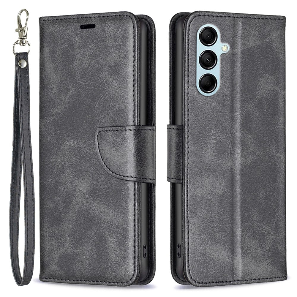 For Samsung Galaxy M14 5G Solid Color Textured PU Leather Wallet Stand Shell Phone Protector Case with Strap - Black