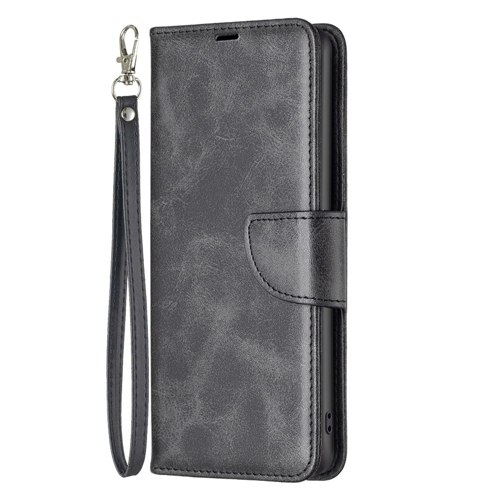 For Samsung Galaxy M14 5G Solid Color Textured PU Leather Wallet Stand Shell Phone Protector Case with Strap - Black
