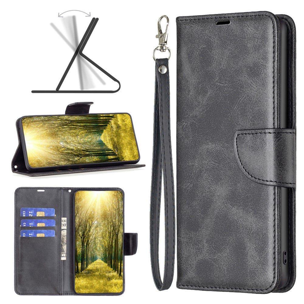 For Samsung Galaxy M14 5G Solid Color Textured PU Leather Wallet Stand Shell Phone Protector Case with Strap - Black