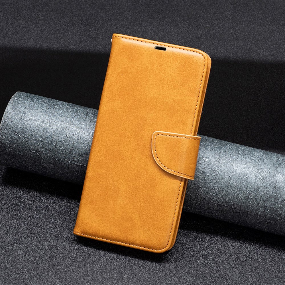 For Samsung Galaxy M14 5G Solid Color Textured PU Leather Wallet Stand Shell Phone Protector Case with Strap - Yellow