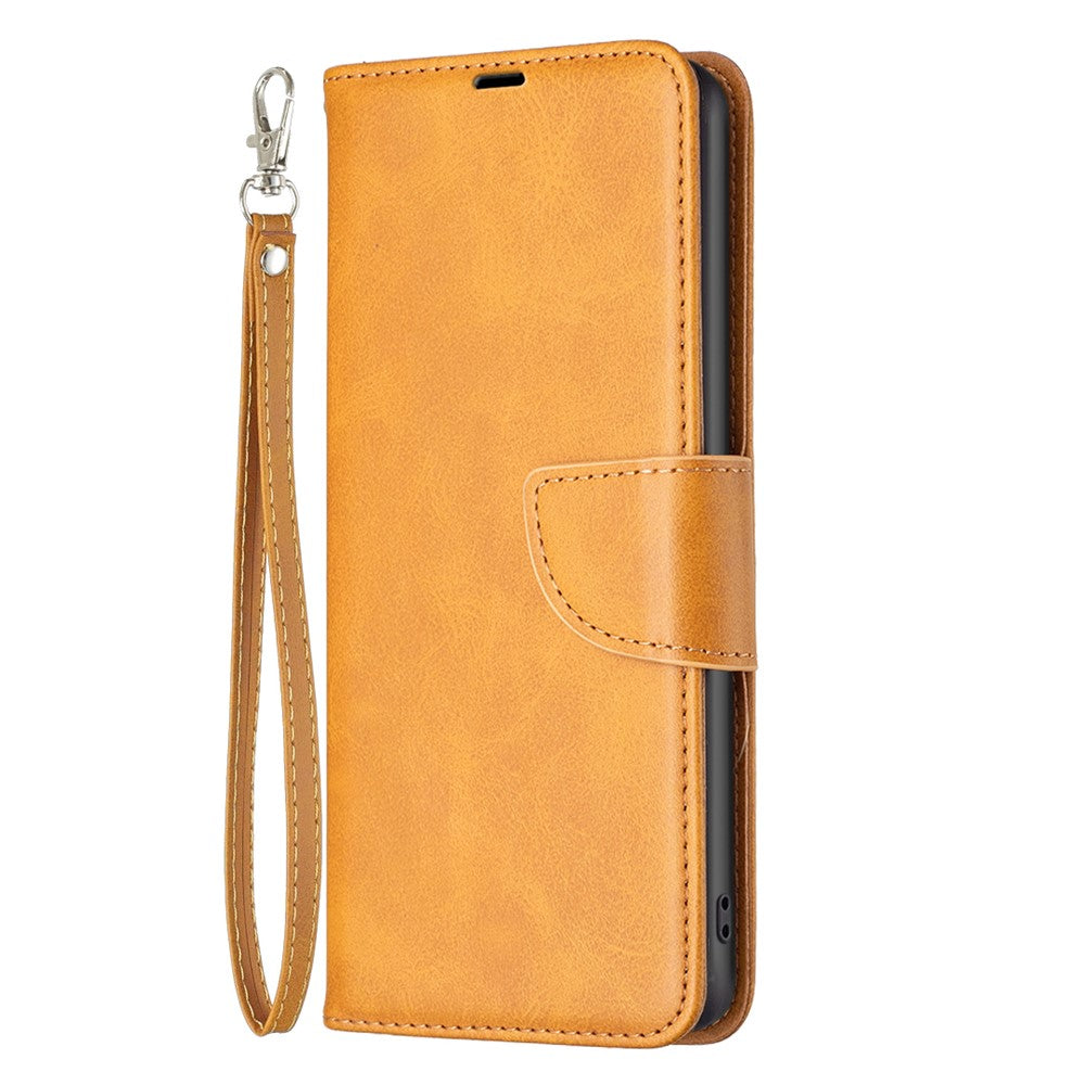 For Samsung Galaxy M14 5G Solid Color Textured PU Leather Wallet Stand Shell Phone Protector Case with Strap - Yellow
