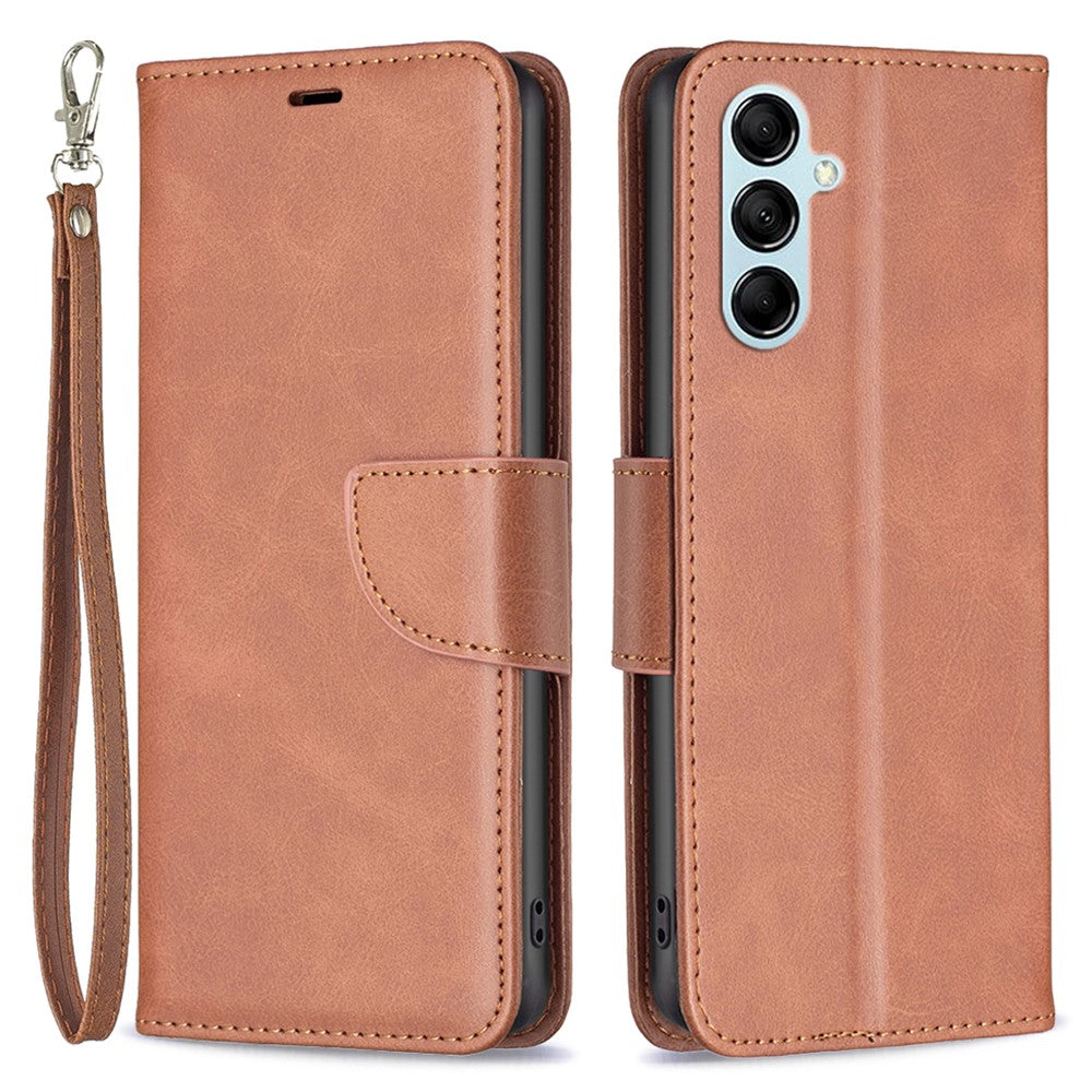 For Samsung Galaxy M14 5G Solid Color Textured PU Leather Wallet Stand Shell Phone Protector Case with Strap - Brown