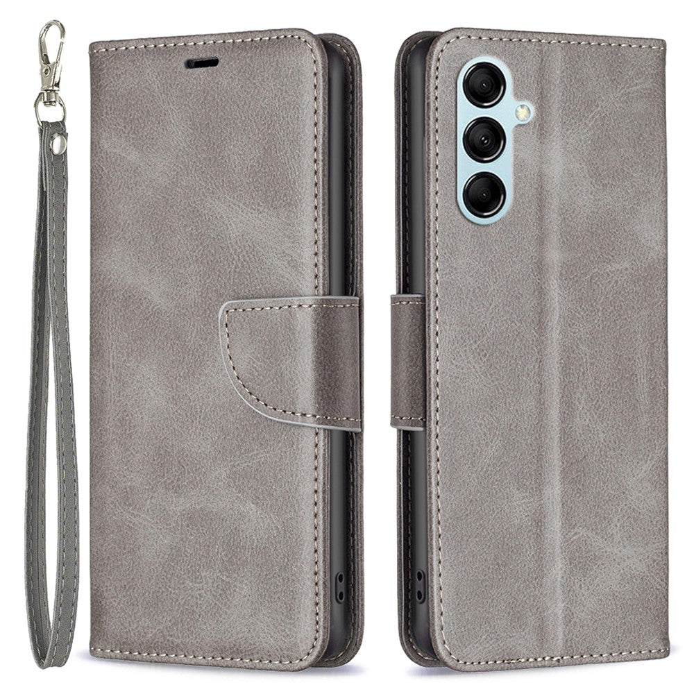 For Samsung Galaxy M14 5G Solid Color Textured PU Leather Wallet Stand Shell Phone Protector Case with Strap - Grey