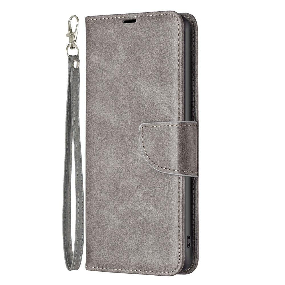 For Samsung Galaxy M14 5G Solid Color Textured PU Leather Wallet Stand Shell Phone Protector Case with Strap - Grey