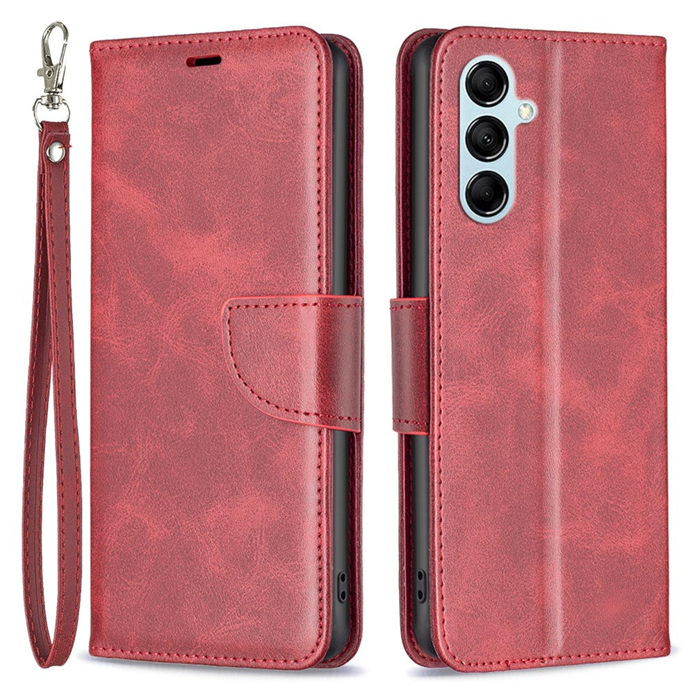 For Samsung Galaxy M14 5G Solid Color Textured PU Leather Wallet Stand Shell Phone Protector Case with Strap - Red