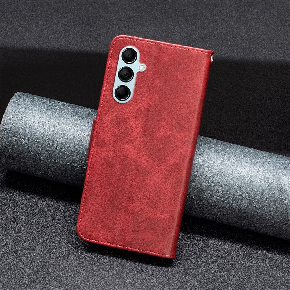 For Samsung Galaxy M14 5G Solid Color Textured PU Leather Wallet Stand Shell Phone Protector Case with Strap - Red