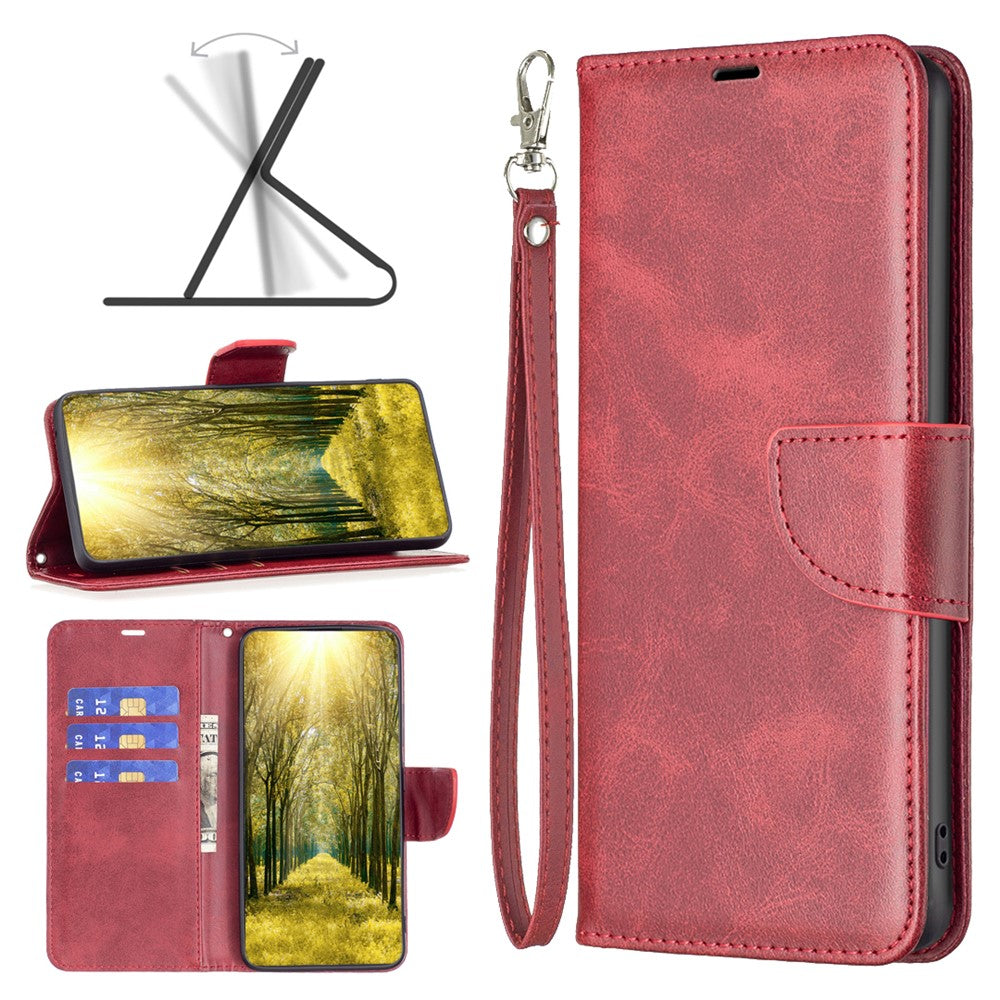 For Samsung Galaxy M14 5G Solid Color Textured PU Leather Wallet Stand Shell Phone Protector Case with Strap - Red