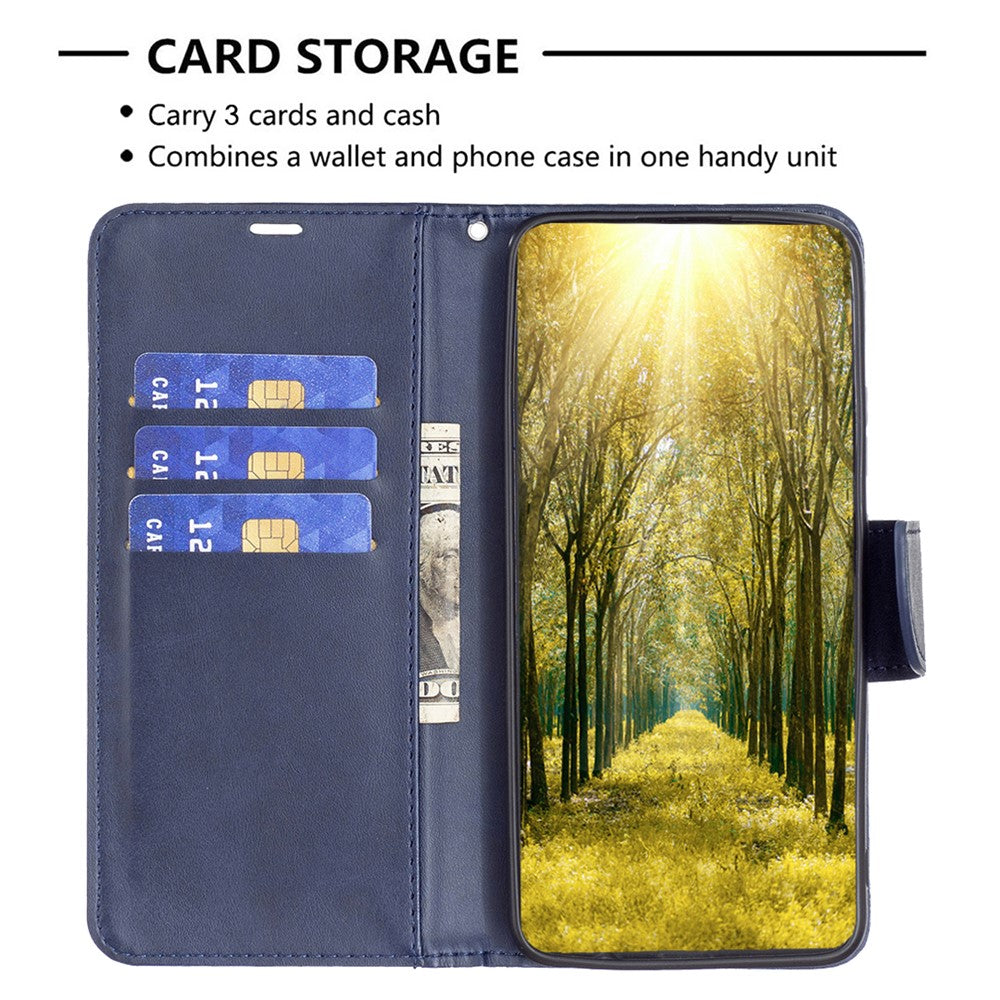 For Samsung Galaxy M14 5G Solid Color Textured PU Leather Wallet Stand Shell Phone Protector Case with Strap - Blue