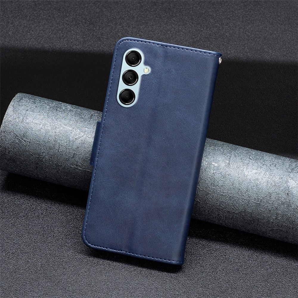 For Samsung Galaxy M14 5G Solid Color Textured PU Leather Wallet Stand Shell Phone Protector Case with Strap - Blue