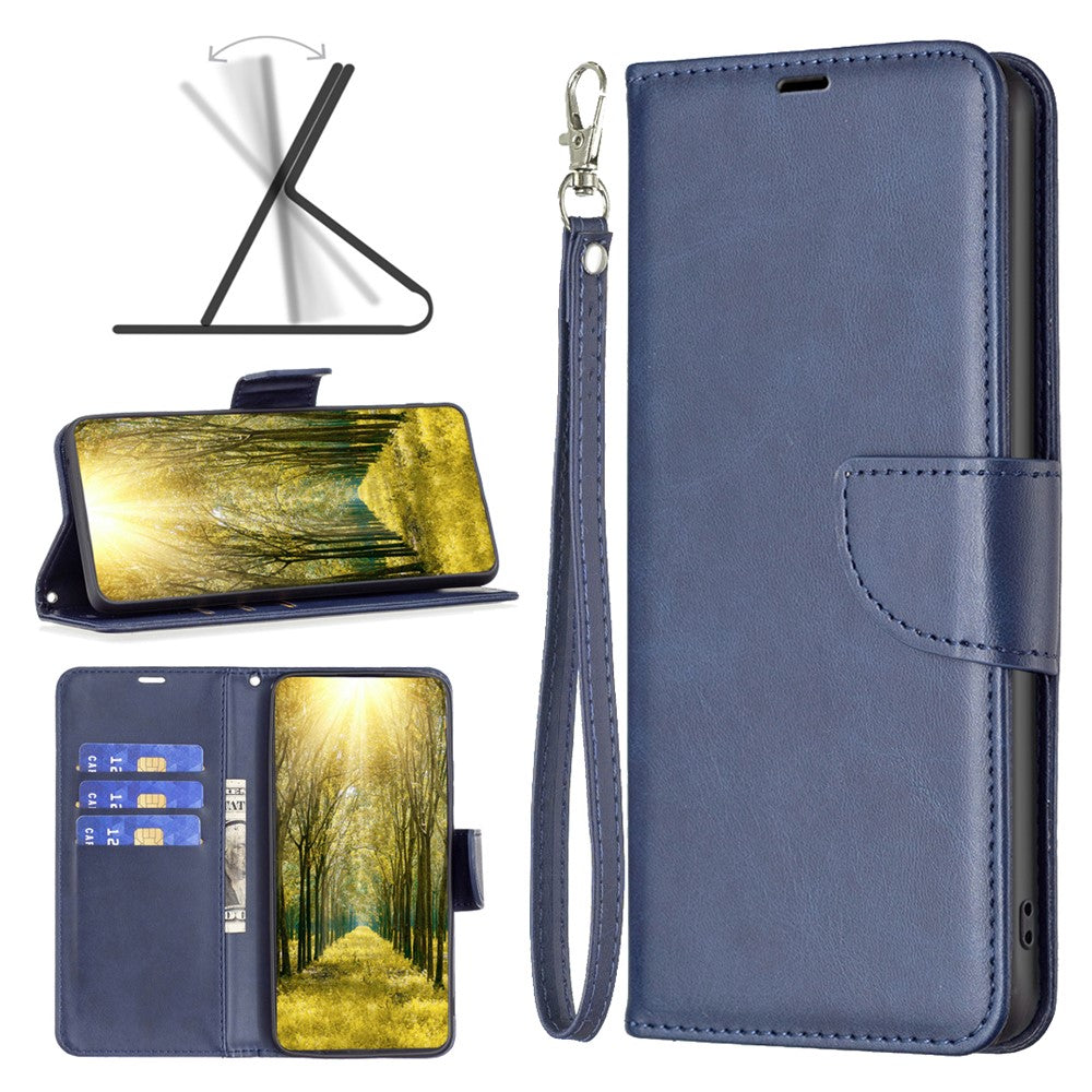 For Samsung Galaxy M14 5G Solid Color Textured PU Leather Wallet Stand Shell Phone Protector Case with Strap - Blue