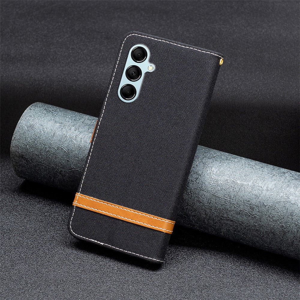 For Samsung Galaxy M14 5G PU Leather Phone Cover Jeans Cloth Splicing Phone Case with Stand Wallet - Black