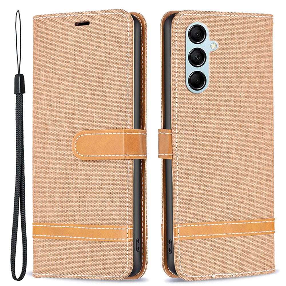 For Samsung Galaxy M14 5G PU Leather Phone Cover Jeans Cloth Splicing Phone Case with Stand Wallet - Brown