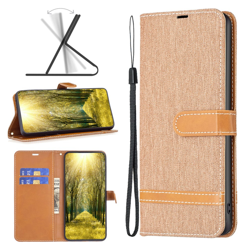 For Samsung Galaxy M14 5G PU Leather Phone Cover Jeans Cloth Splicing Phone Case with Stand Wallet - Brown