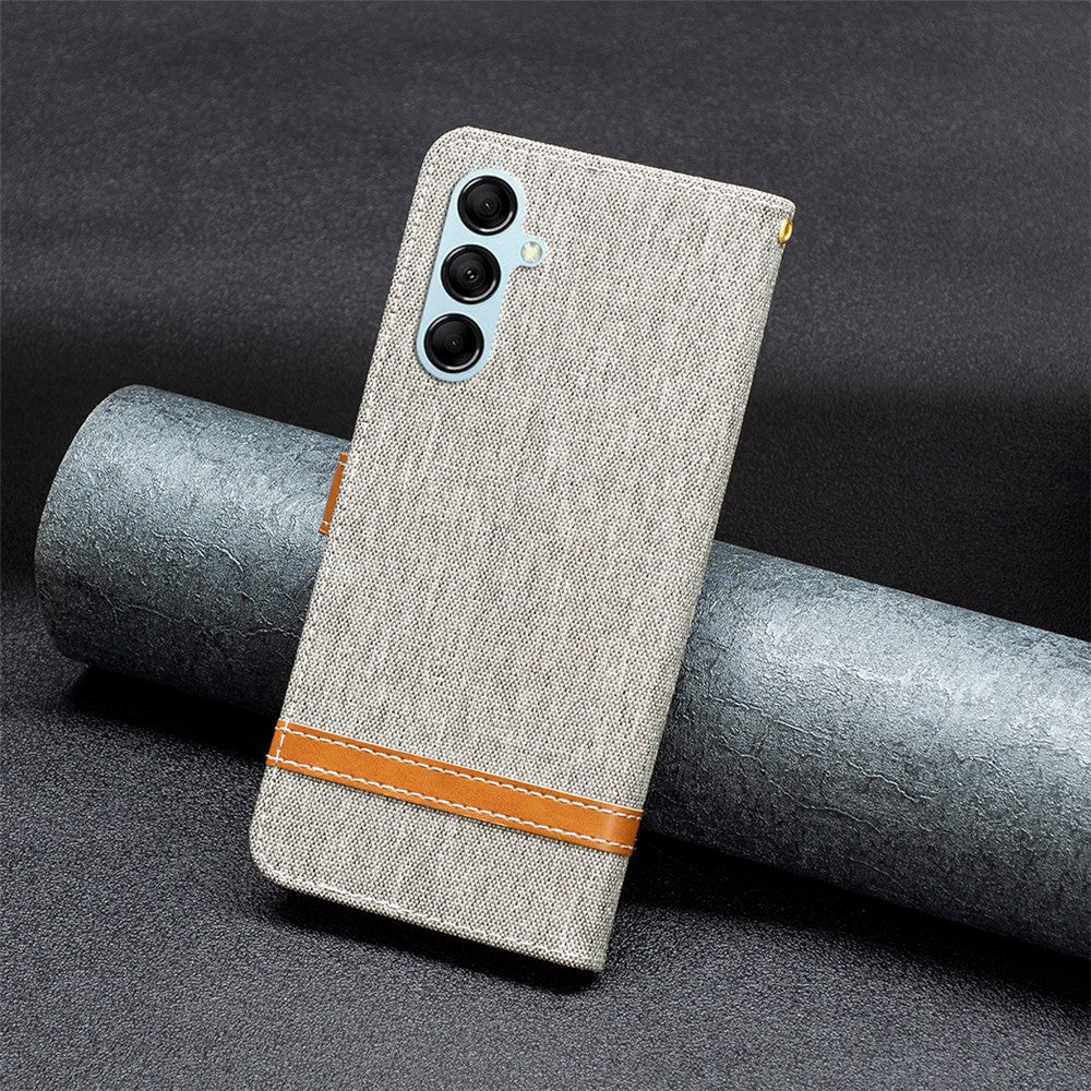 For Samsung Galaxy M14 5G PU Leather Phone Cover Jeans Cloth Splicing Phone Case with Stand Wallet - Grey