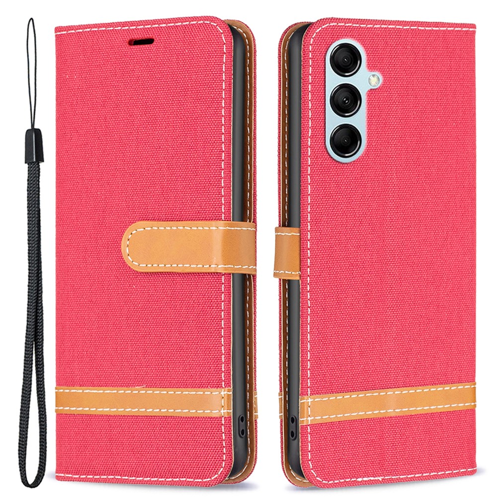 For Samsung Galaxy M14 5G PU Leather Phone Cover Jeans Cloth Splicing Phone Case with Stand Wallet - Red