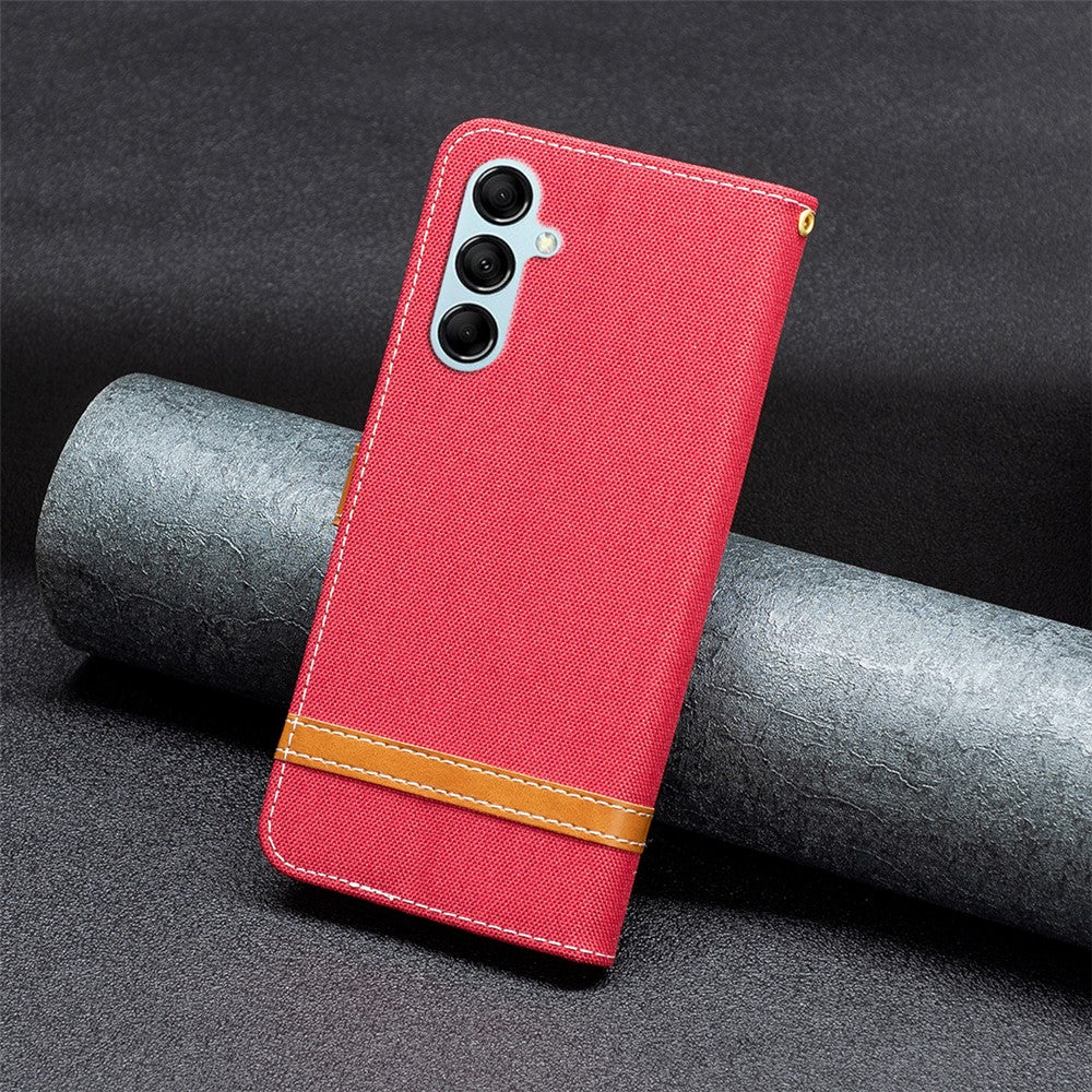 For Samsung Galaxy M14 5G PU Leather Phone Cover Jeans Cloth Splicing Phone Case with Stand Wallet - Red