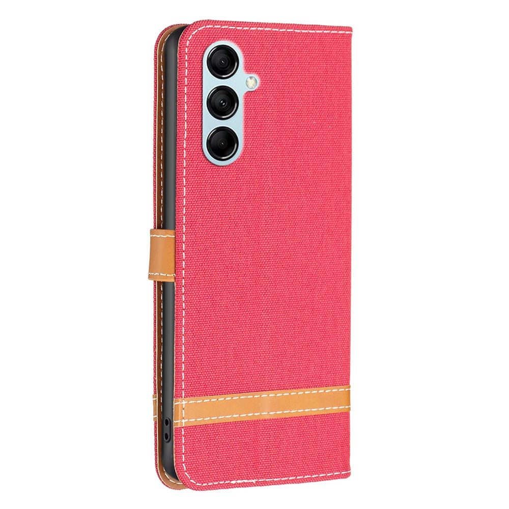 For Samsung Galaxy M14 5G PU Leather Phone Cover Jeans Cloth Splicing Phone Case with Stand Wallet - Red
