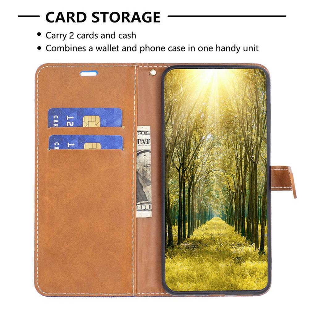 For Samsung Galaxy M14 5G PU Leather Phone Cover Jeans Cloth Splicing Phone Case with Stand Wallet - Sapphire