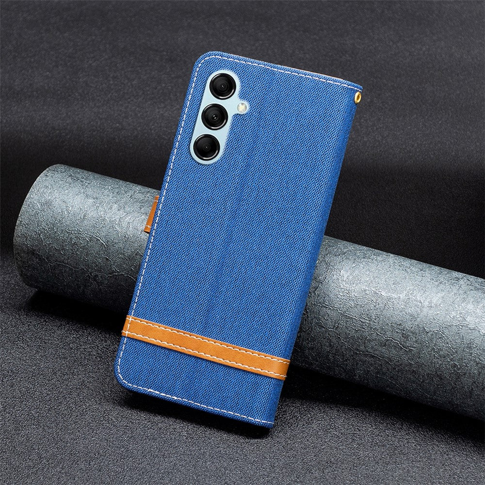 For Samsung Galaxy M14 5G PU Leather Phone Cover Jeans Cloth Splicing Phone Case with Stand Wallet - Sapphire