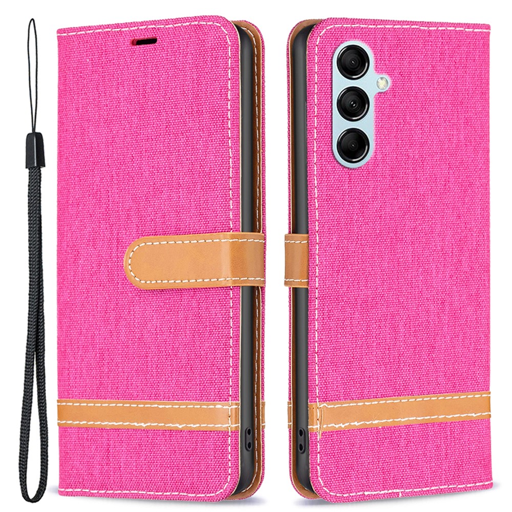 For Samsung Galaxy M14 5G PU Leather Phone Cover Jeans Cloth Splicing Phone Case with Stand Wallet - Rose