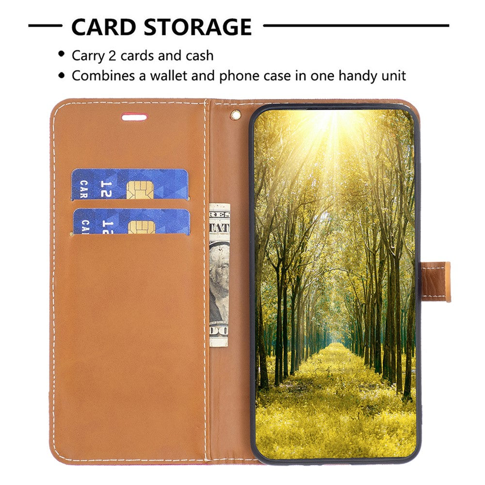 For Samsung Galaxy M14 5G PU Leather Phone Cover Jeans Cloth Splicing Phone Case with Stand Wallet - Rose