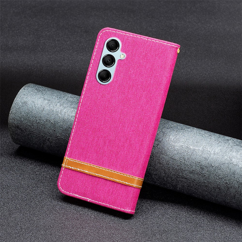 For Samsung Galaxy M14 5G PU Leather Phone Cover Jeans Cloth Splicing Phone Case with Stand Wallet - Rose