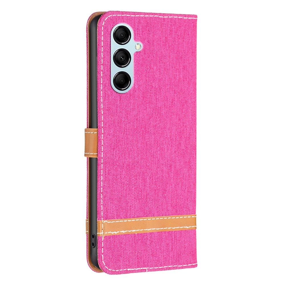 For Samsung Galaxy M14 5G PU Leather Phone Cover Jeans Cloth Splicing Phone Case with Stand Wallet - Rose