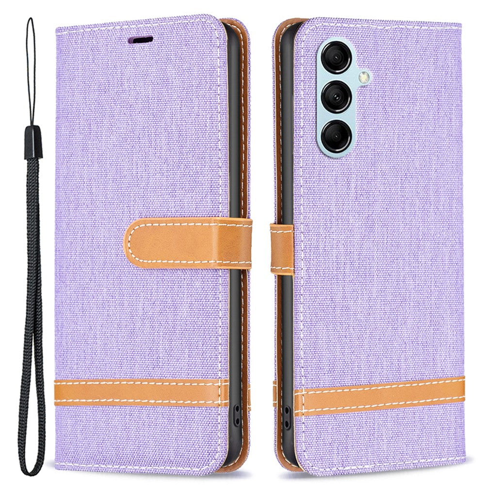 For Samsung Galaxy M14 5G PU Leather Phone Cover Jeans Cloth Splicing Phone Case with Stand Wallet - Purple