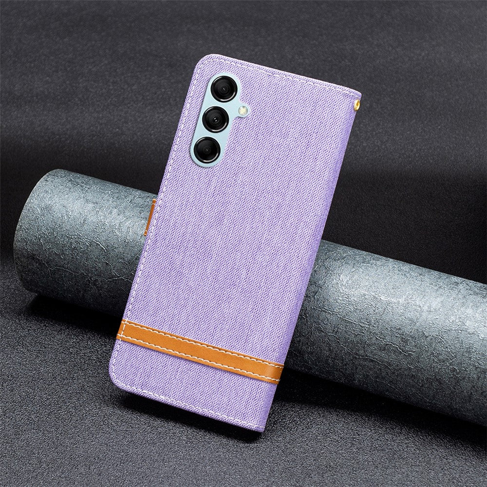 For Samsung Galaxy M14 5G PU Leather Phone Cover Jeans Cloth Splicing Phone Case with Stand Wallet - Purple