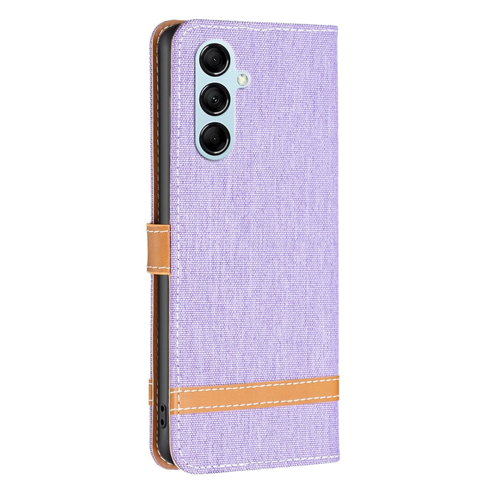 For Samsung Galaxy M14 5G PU Leather Phone Cover Jeans Cloth Splicing Phone Case with Stand Wallet - Purple