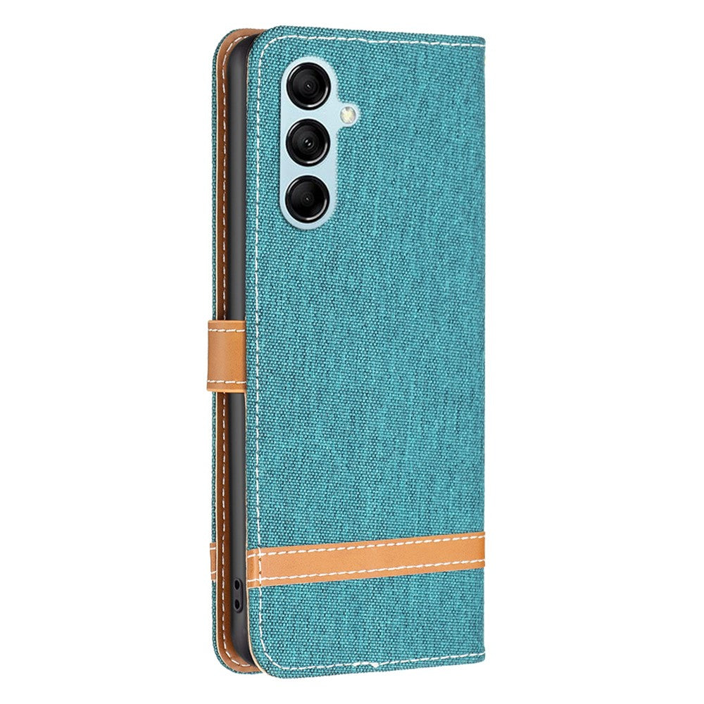 For Samsung Galaxy M14 5G PU Leather Phone Cover Jeans Cloth Splicing Phone Case with Stand Wallet - Green