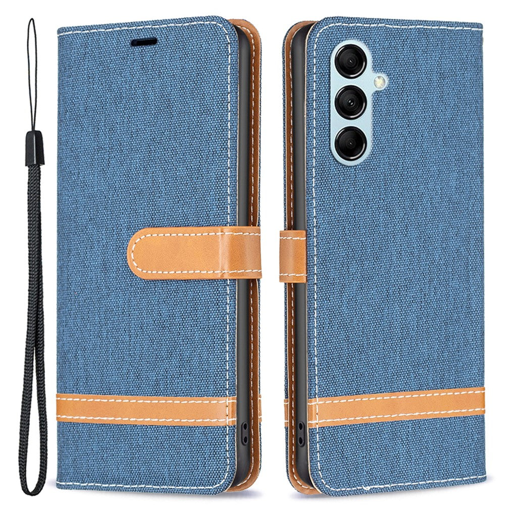 For Samsung Galaxy M14 5G PU Leather Phone Cover Jeans Cloth Splicing Phone Case with Stand Wallet - Navy Blue