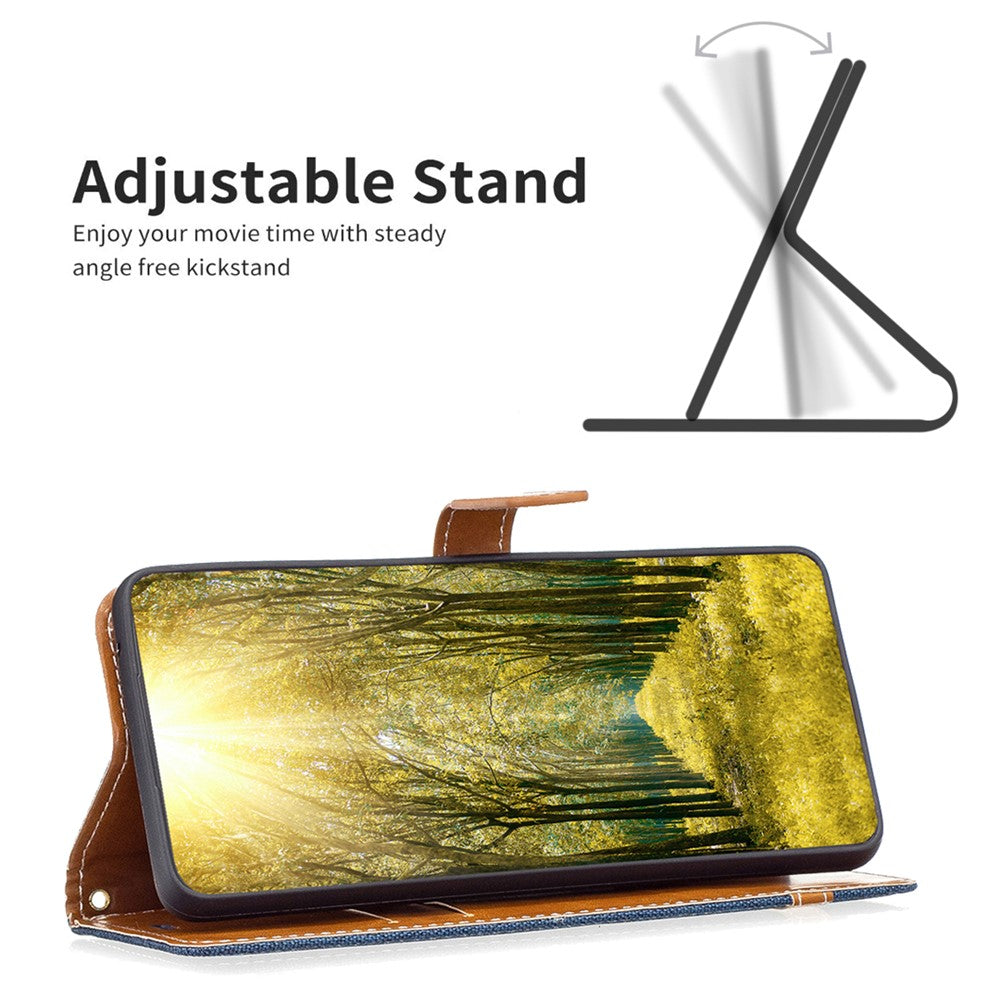 For Samsung Galaxy M14 5G PU Leather Phone Cover Jeans Cloth Splicing Phone Case with Stand Wallet - Navy Blue
