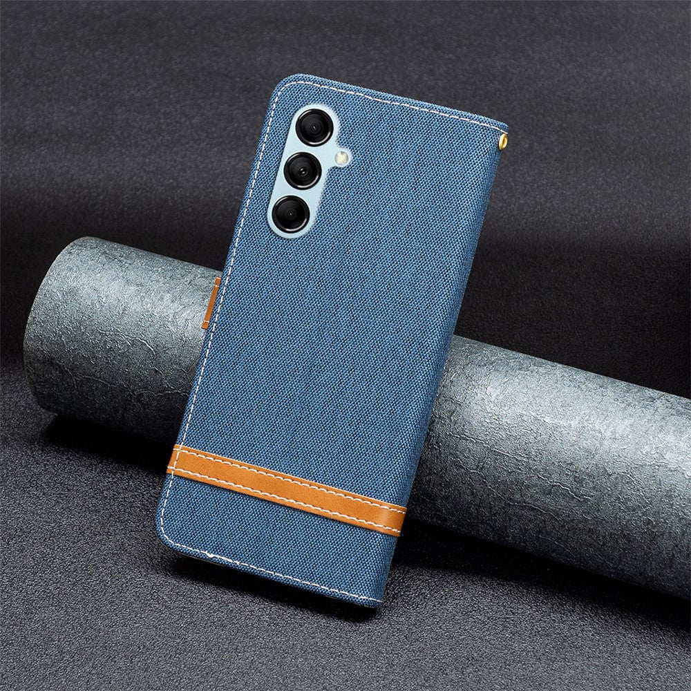 For Samsung Galaxy M14 5G PU Leather Phone Cover Jeans Cloth Splicing Phone Case with Stand Wallet - Navy Blue