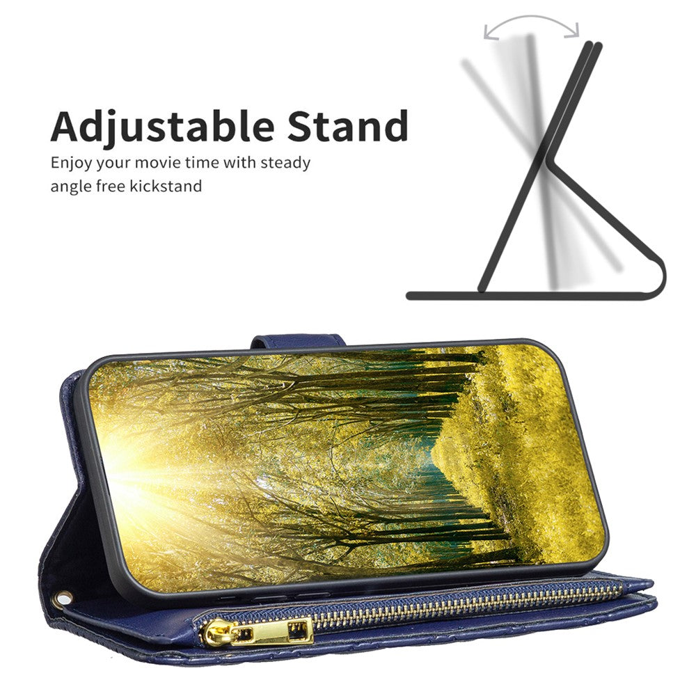 BINFEN COLOR BF Style-15 for Samsung Galaxy M14 5G Zipper Pocket PU Leather Wallet Case Phone Stand Cover - Blue