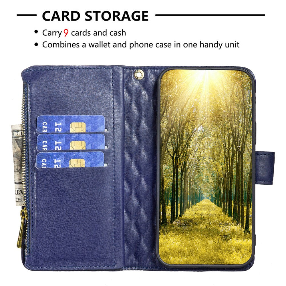 BINFEN COLOR BF Style-15 for Samsung Galaxy M14 5G Zipper Pocket PU Leather Wallet Case Phone Stand Cover - Blue