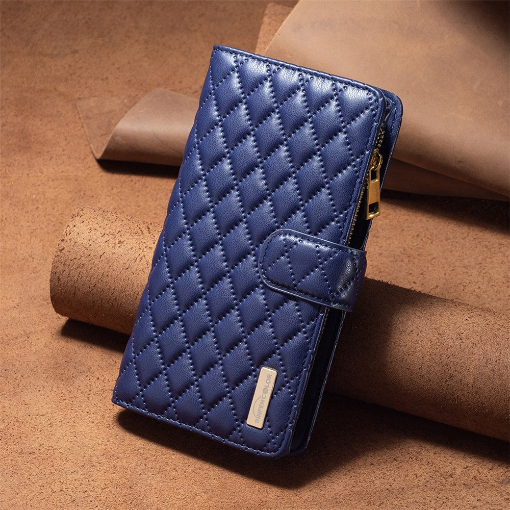 BINFEN COLOR BF Style-15 for Samsung Galaxy M14 5G Zipper Pocket PU Leather Wallet Case Phone Stand Cover - Blue