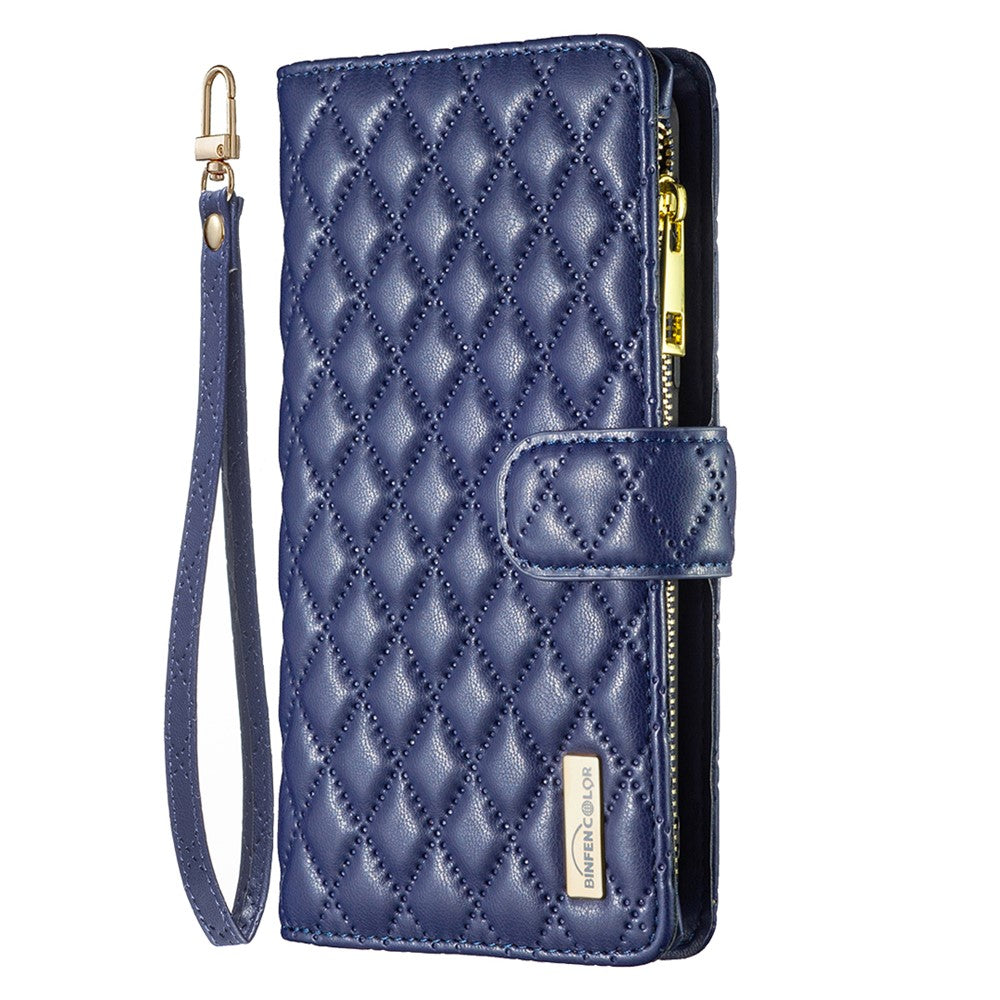 BINFEN COLOR BF Style-15 for Samsung Galaxy M14 5G Zipper Pocket PU Leather Wallet Case Phone Stand Cover - Blue