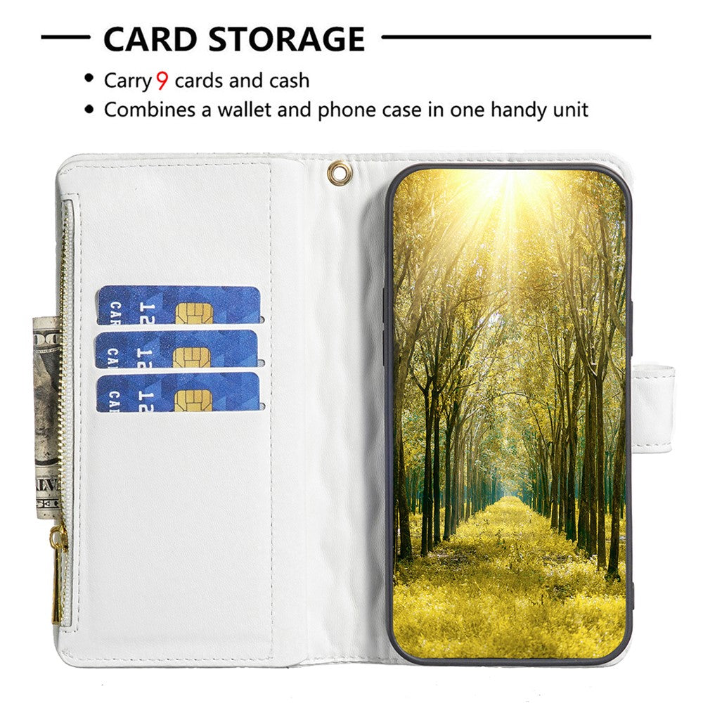 BINFEN COLOR BF Style-15 for Samsung Galaxy M14 5G Zipper Pocket PU Leather Wallet Case Phone Stand Cover - White