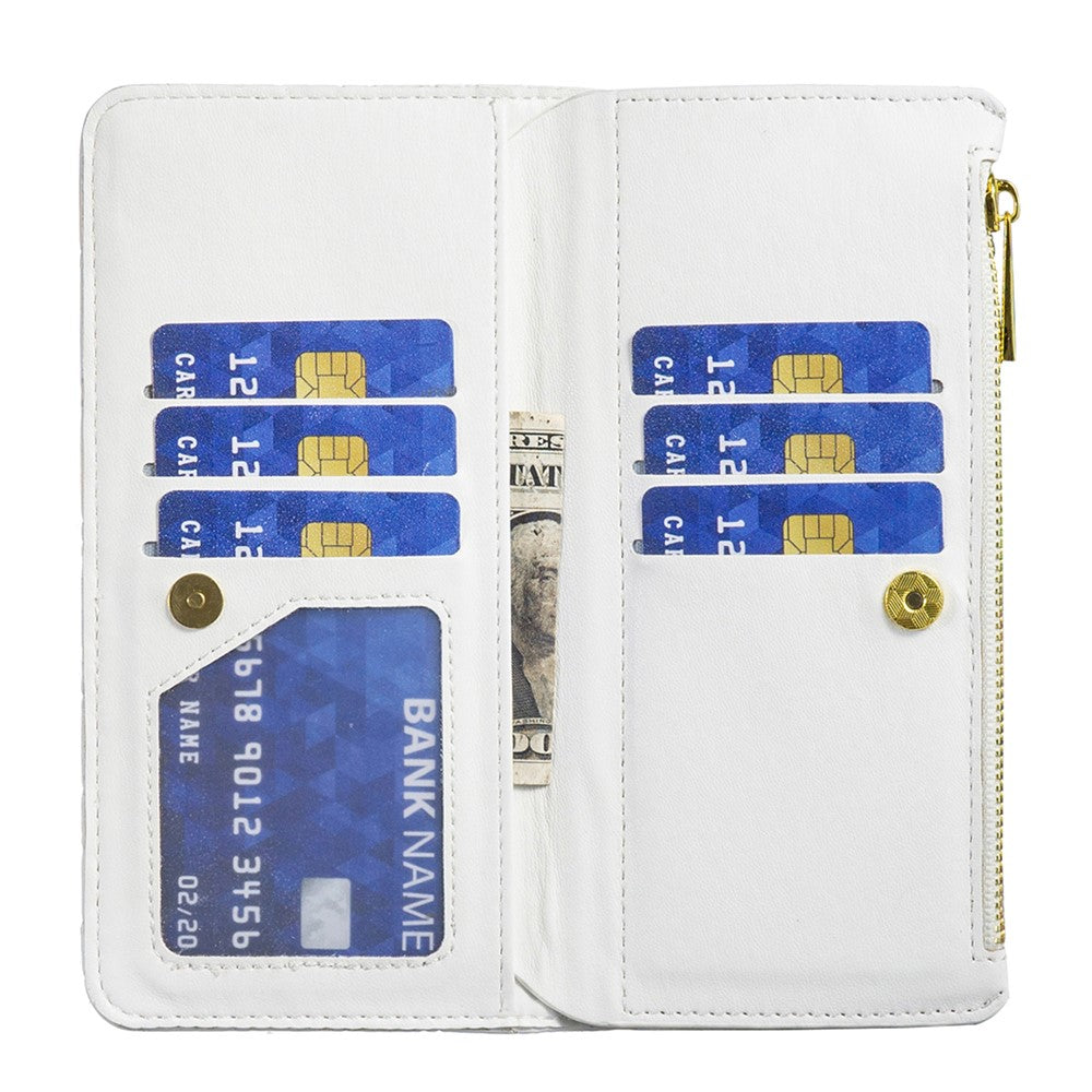 BINFEN COLOR BF Style-15 for Samsung Galaxy M14 5G Zipper Pocket PU Leather Wallet Case Phone Stand Cover - White