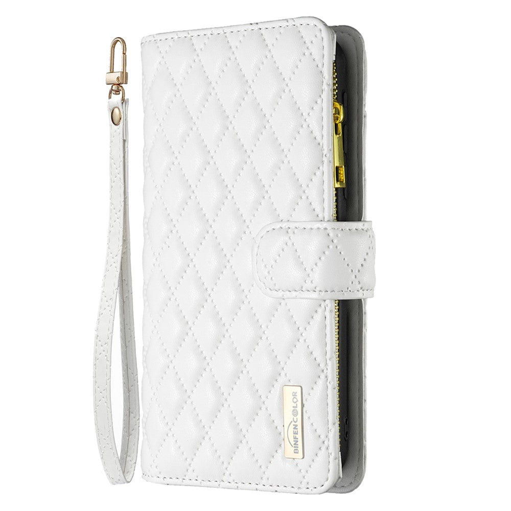 BINFEN COLOR BF Style-15 for Samsung Galaxy M14 5G Zipper Pocket PU Leather Wallet Case Phone Stand Cover - White