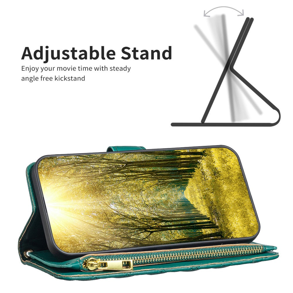 BINFEN COLOR BF Style-15 for Samsung Galaxy M14 5G Zipper Pocket PU Leather Wallet Case Phone Stand Cover - Green