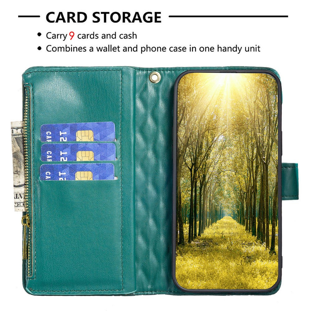 BINFEN COLOR BF Style-15 for Samsung Galaxy M14 5G Zipper Pocket PU Leather Wallet Case Phone Stand Cover - Green