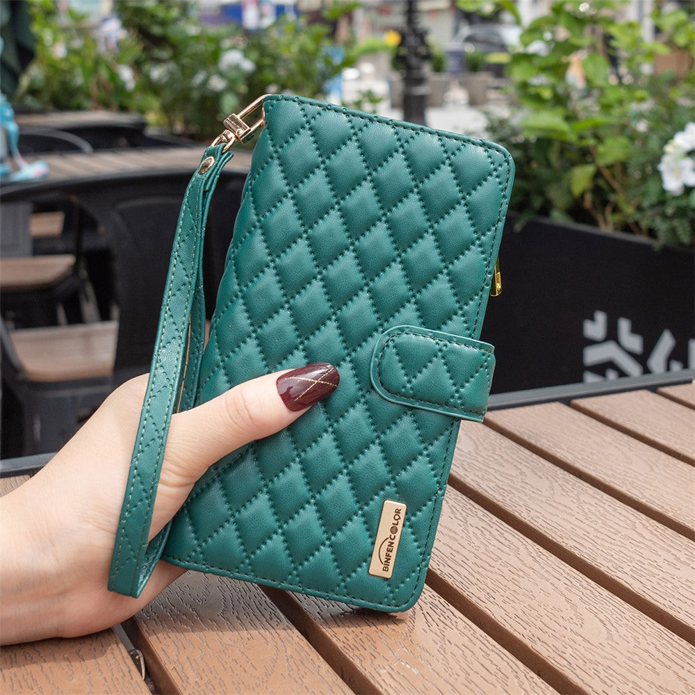 BINFEN COLOR BF Style-15 for Samsung Galaxy M14 5G Zipper Pocket PU Leather Wallet Case Phone Stand Cover - Green