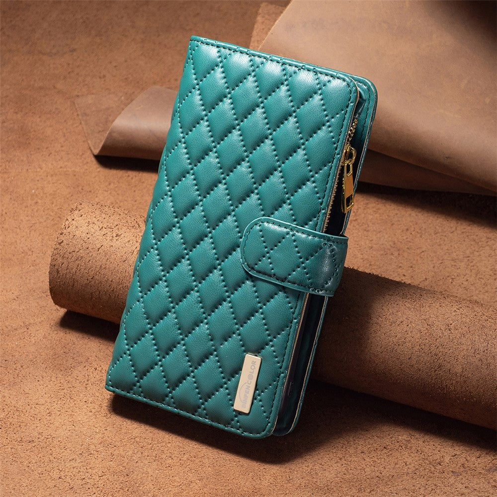 BINFEN COLOR BF Style-15 for Samsung Galaxy M14 5G Zipper Pocket PU Leather Wallet Case Phone Stand Cover - Green